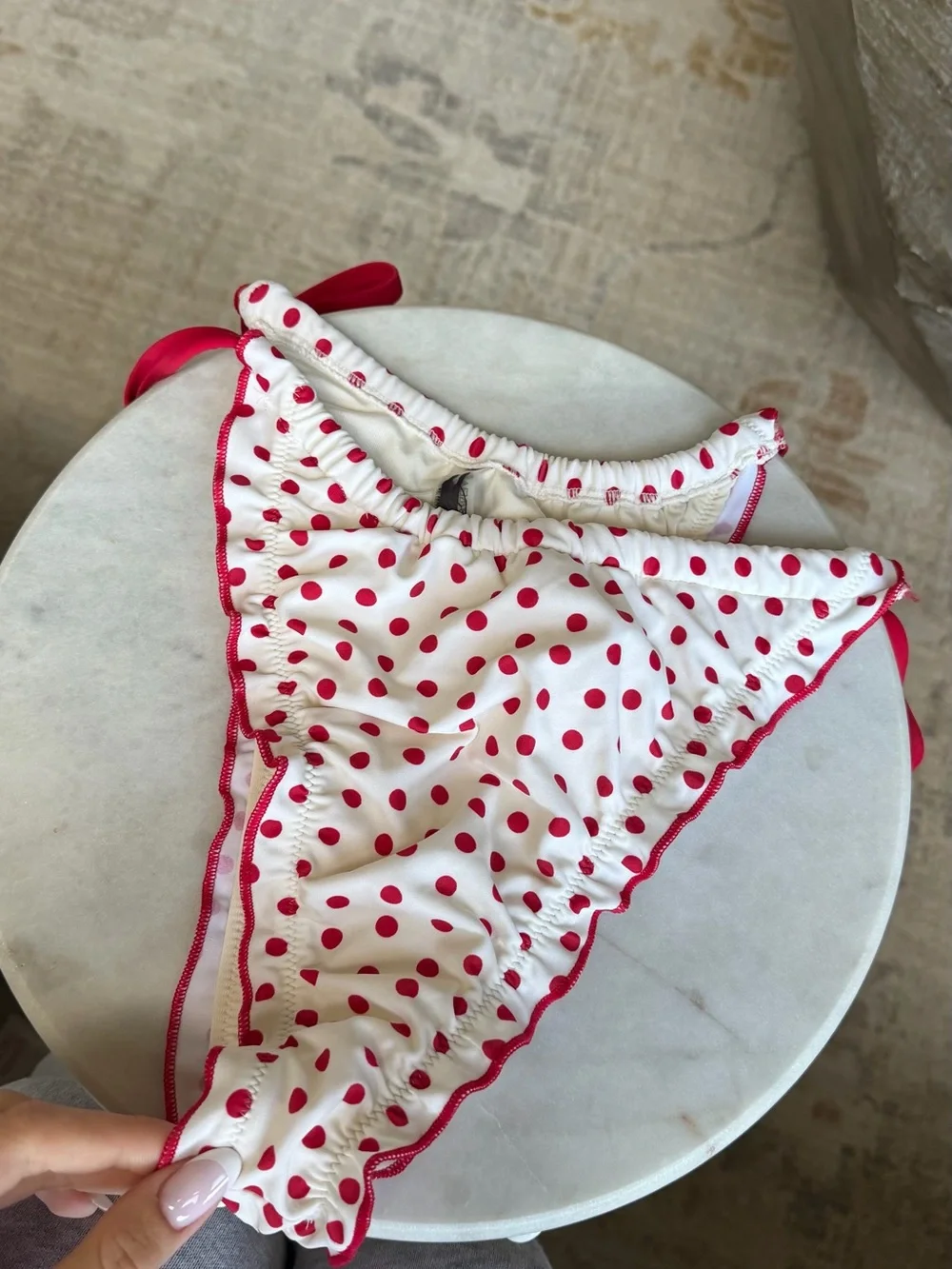 PINK x Frankie's Bikinis Cream Bikini bottom with Red Trim and Polka Dots